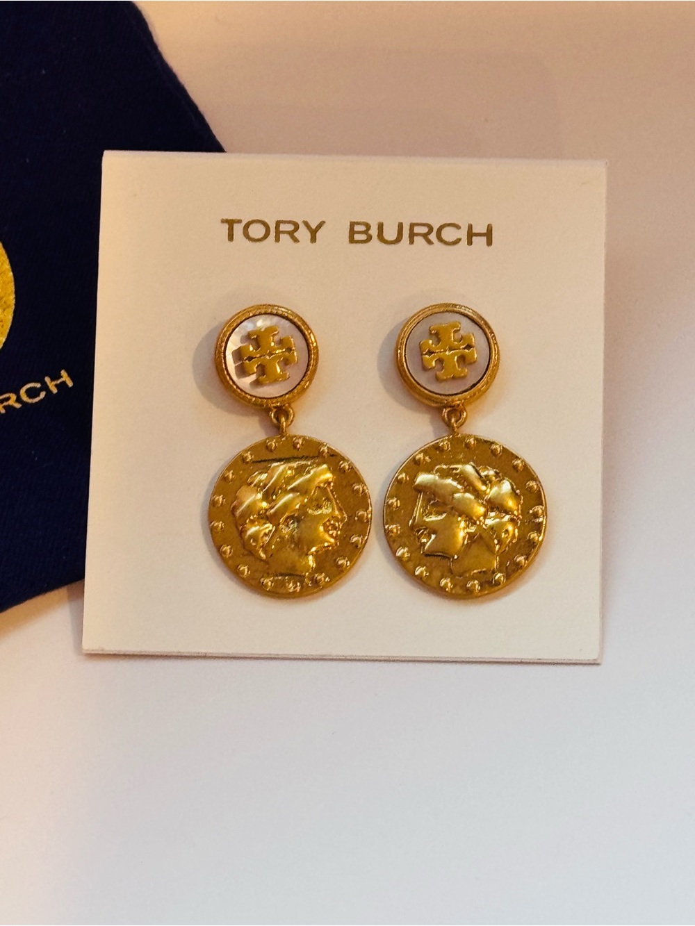 Tory Burch Mother of Pearl & Gold Coin Medallion Drop Earrings NWT